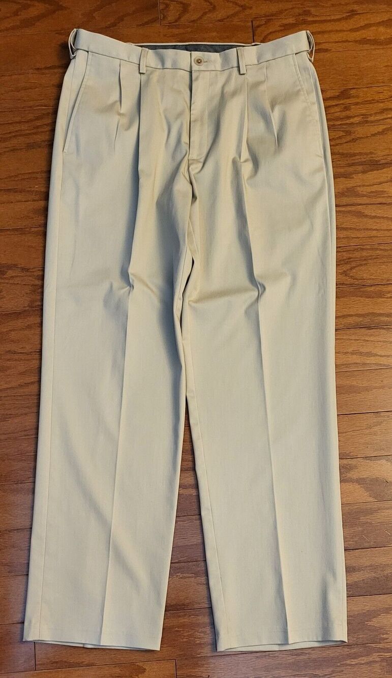 Haggar Mens Premium No-Iron Tan/Brown Khaki Classic-Fit Pants~34x32